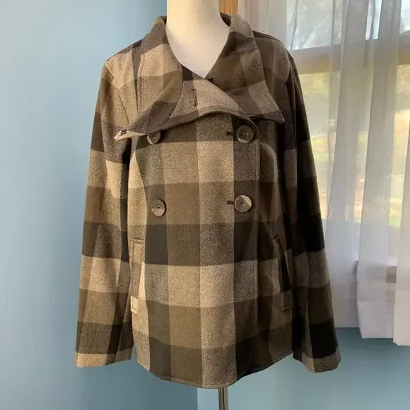 NWT Liz Claiborne Brown Combo Plaid Peacoat Size Medium - Picture 1 of 6